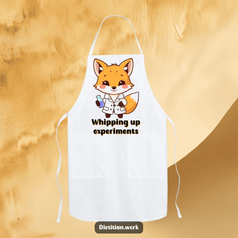 Funny fox lab apron showing a fox in a lab coat holding a miniature beaker, perfect for humorous and precise kitchen activities.