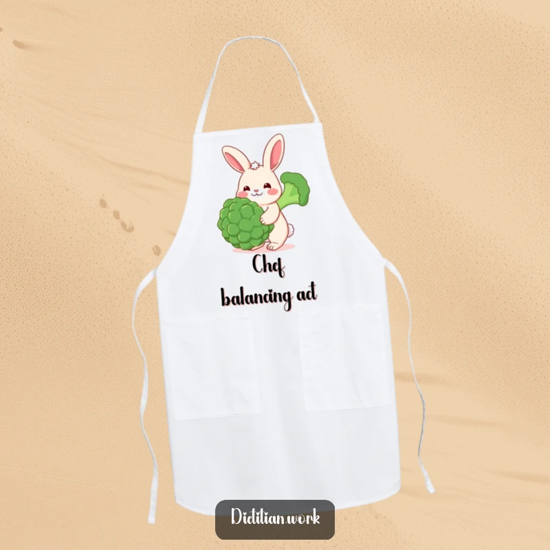 Funny rabbit veggie apron showing a cheerful rabbit with rosy cheeks balancing a large broccoli floret, perfect for humorous and healthy kitchen activities.