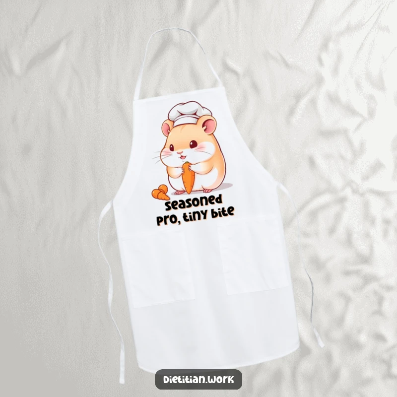 Funny hamster chef apron showing a chubby hamster in a chef hat, happily munching a tiny carrot, ideal for humorous kitchen activities.