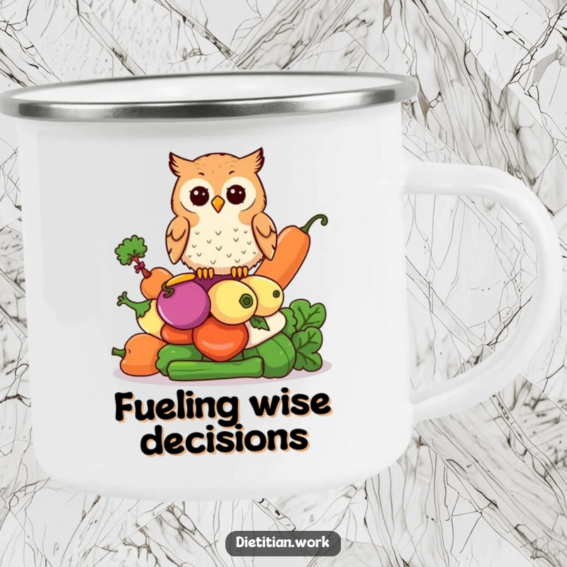 Funny wise owl camping mug with an owl perched on colorful vegetables, perfect for outdoor contemplation and a warm drink.