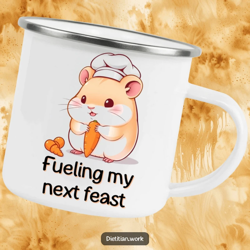 Funny chef hamster camping mug with a chubby hamster in a hat, happily eating a carrot, perfect for outdoor adventures and laughs.
