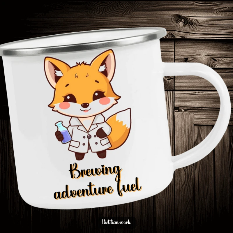 Funny fox scientist camping mug with a fox in a lab coat holding a miniature beaker, perfect for outdoor intellectual pursuits.