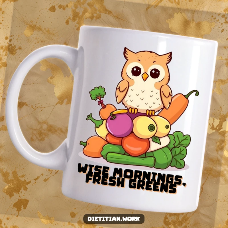 Funny wise owl mug with an owl perched on a stack of colorful vegetables, embodying focused contemplation and knowledge.