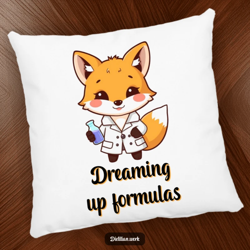 Funny fox scientist pillow with a fox in a lab coat holding a miniature beaker, adding comfortable and intelligent humor to any room.