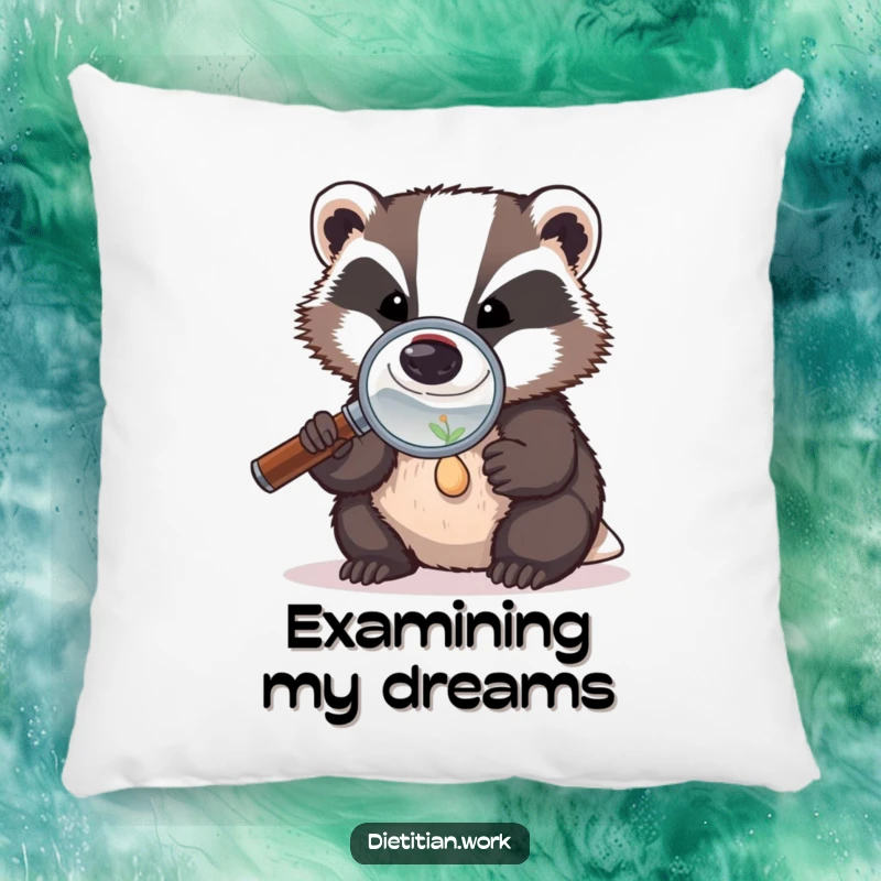Funny badger seed study pillow with a badger using a magnifying glass to examine a tiny seed, adding comfortable humor to any room.
