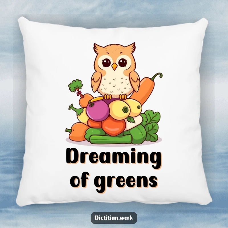 Funny wise owl pillow with an owl perched on colorful vegetables, adding comfortable and intellectual humor to any room.