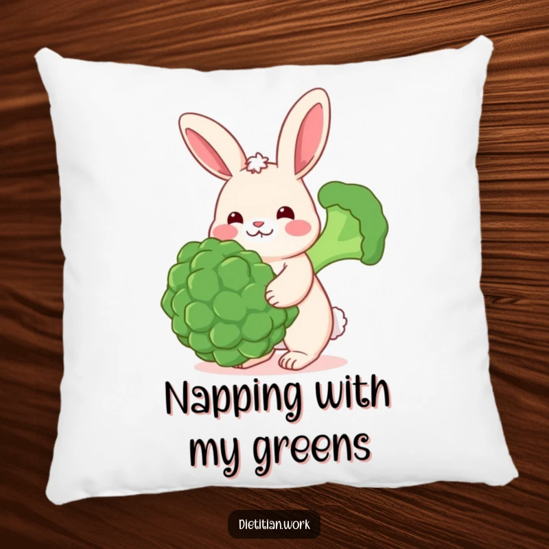 Funny happy rabbit pillow with a cheerful rabbit with rosy cheeks balancing a large broccoli floret, adding comfortable and joyful humor to any room.