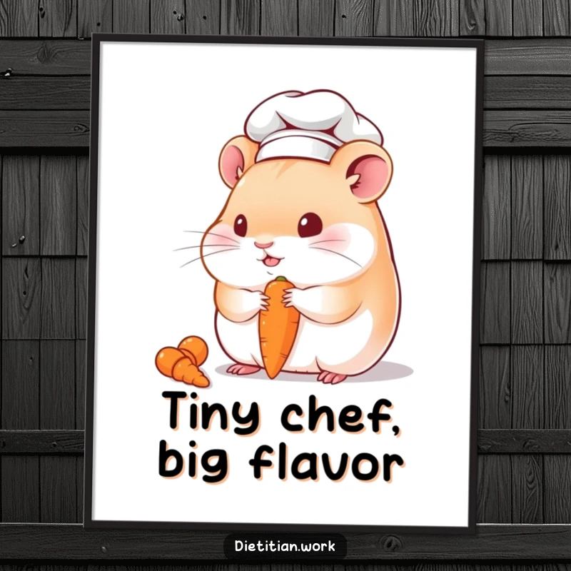 Funny hamster chef digital art print of a chubby hamster in a chef hat, happily eating a tiny carrot, perfect for instant humorous wall decor.