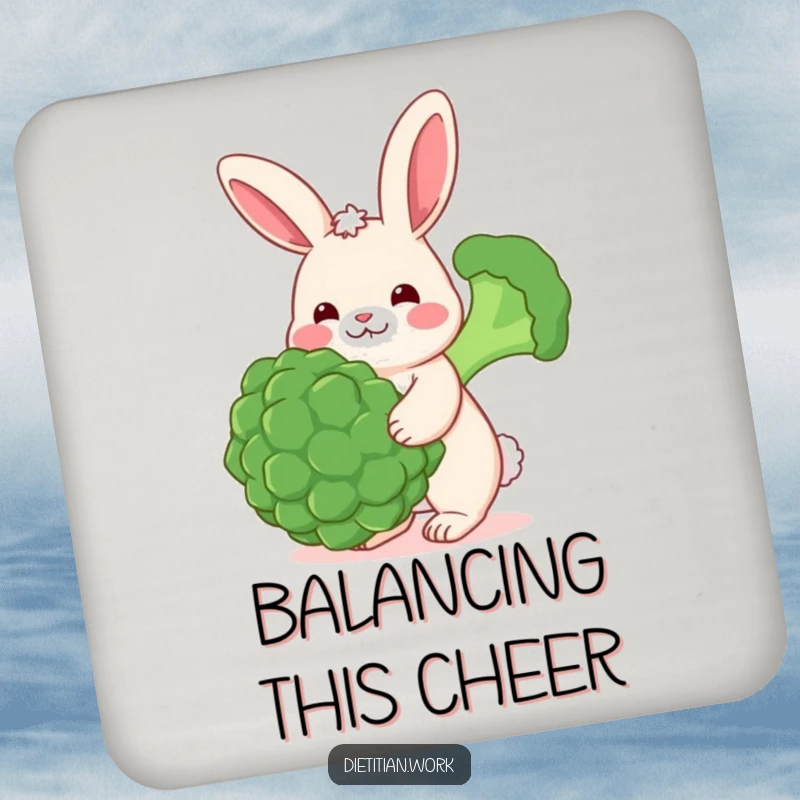Funny rabbit broccoli coaster featuring a cheerful rabbit with rosy cheeks balancing a large broccoli floret, a humorous and practical table protector.