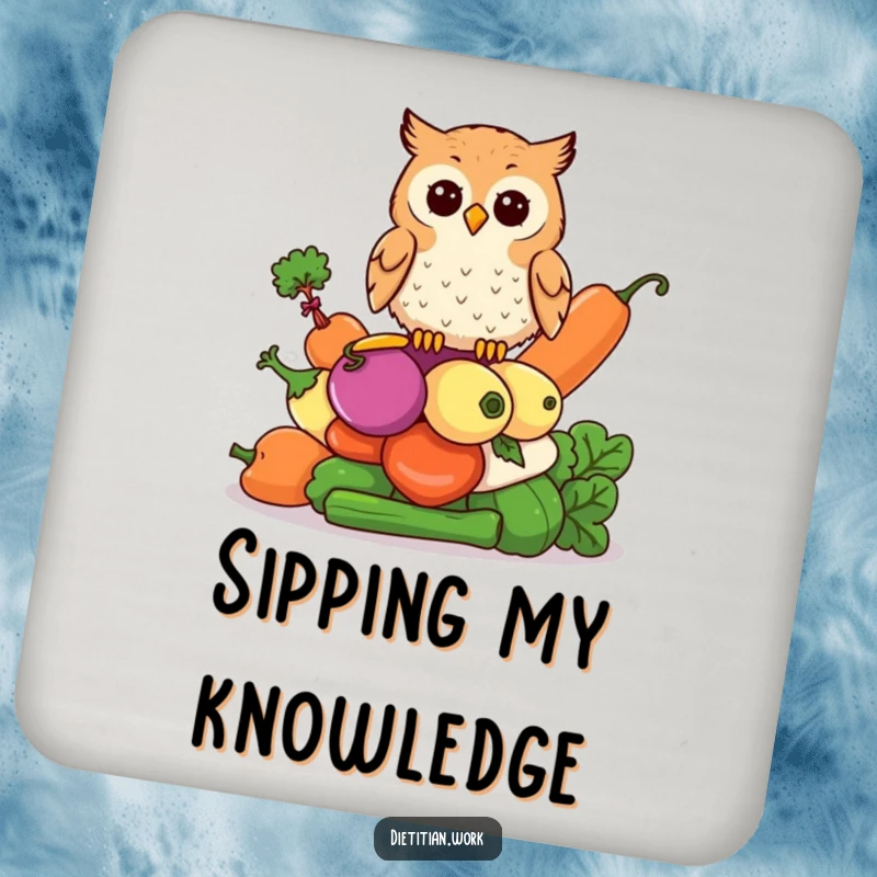 Funny owl vegetable coaster showing an owl perched on colorful vegetables, a humorous and practical table protector.
