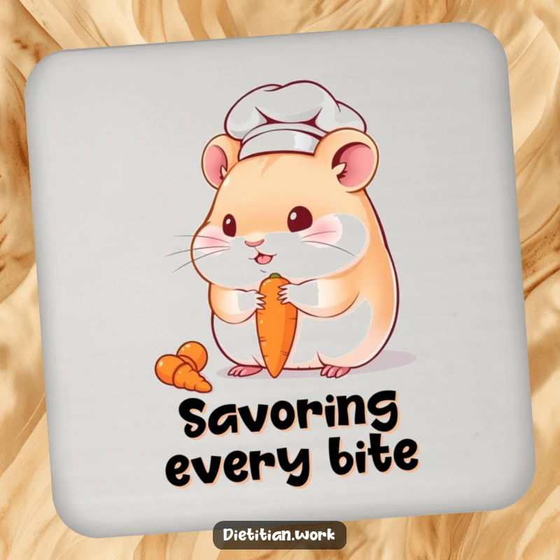Funny hamster chef drink coaster with a chubby hamster wearing a hat, eating a tiny carrot, a humorous and practical table protector.