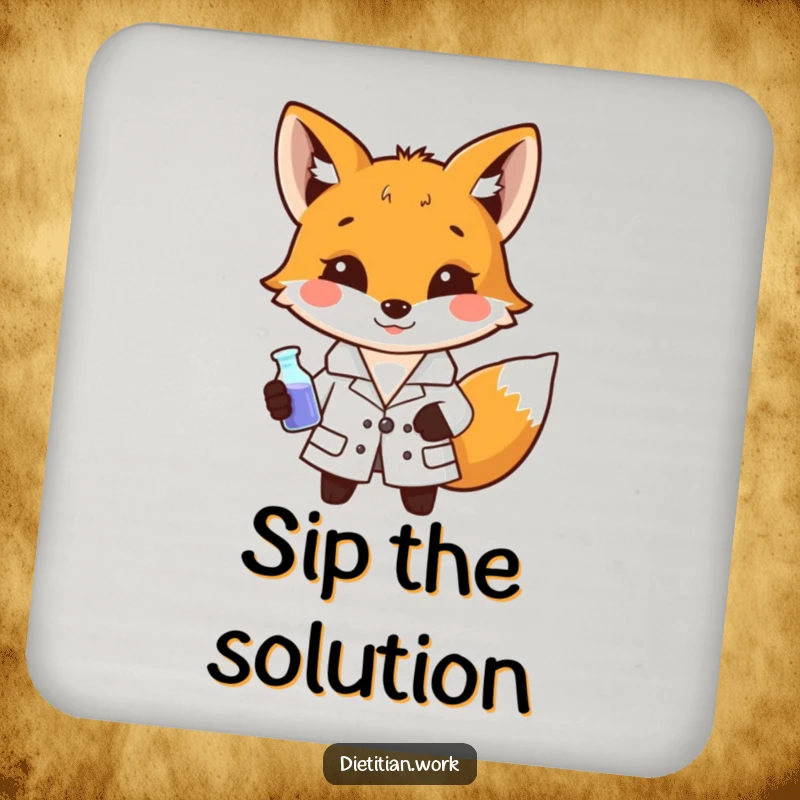 Funny fox lab coaster showing a fox in a lab coat holding a miniature beaker, a humorous and practical table protector.