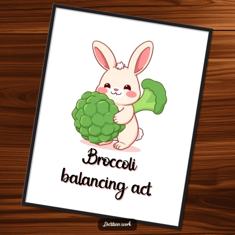 Funny rabbit broccoli poster featuring a cheerful rabbit with rosy cheeks balancing a large broccoli floret, perfect for adding vibrant humor to decor.