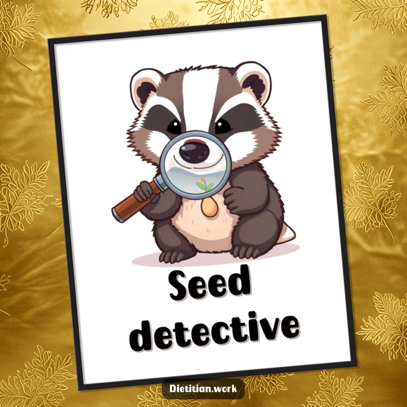 Funny badger investigator poster featuring a badger with a magnifying glass, examining a tiny seed, perfect for adding thoughtful humor to decor.