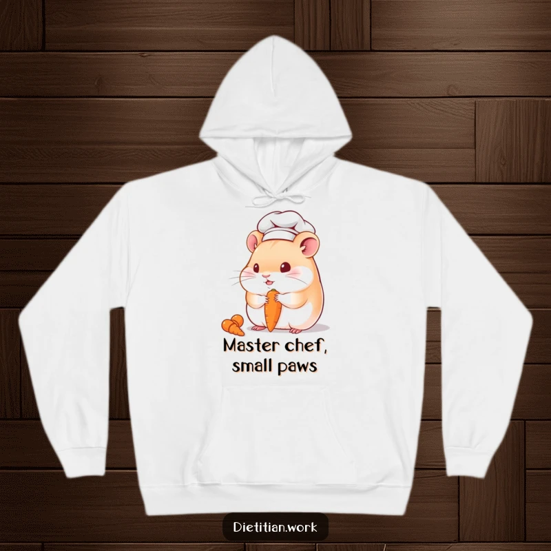 Funny chubby hamster chef hoodie showing a happy hamster in a chef hat, munching a small carrot, perfect for cozy, humorous wear.