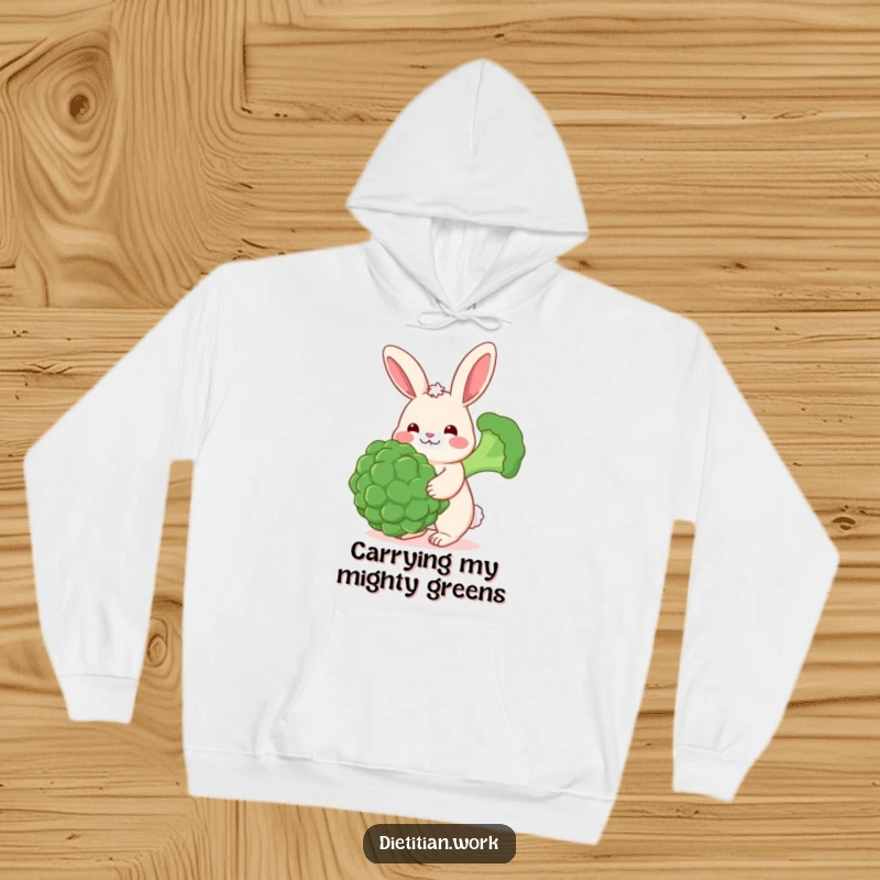 Funny happy rabbit hoodie showing a cheerful rabbit with rosy cheeks balancing a large broccoli floret, perfect for cozy and joyful wear.