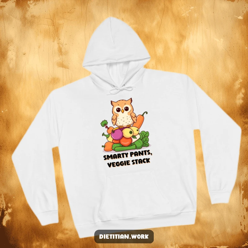 Funny wise owl hoodie showing an owl perched on colorful vegetables, perfect for cozy and intellectual wear.