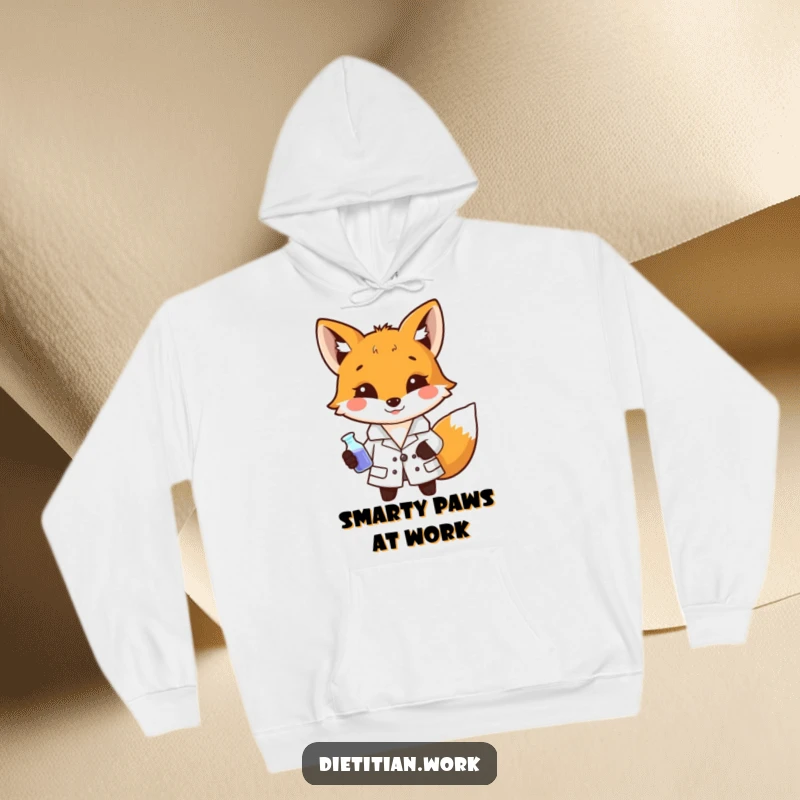 Funny fox scientist hoodie featuring a fox in a lab coat holding a miniature beaker, perfect for cozy and intelligent wear.