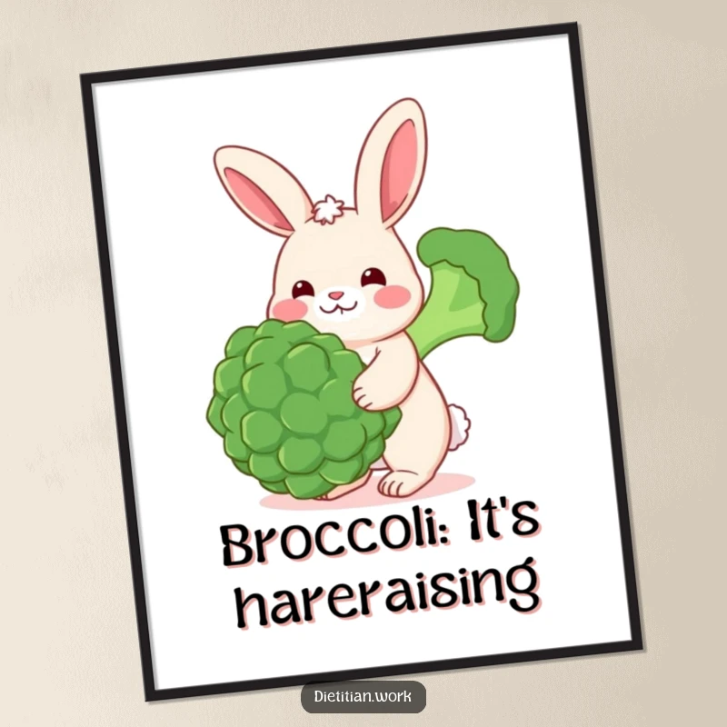 Funny Free Printable Wall Art: A cheerful rabbit with rosy cheeks humorously balances a large, green broccoli floret.