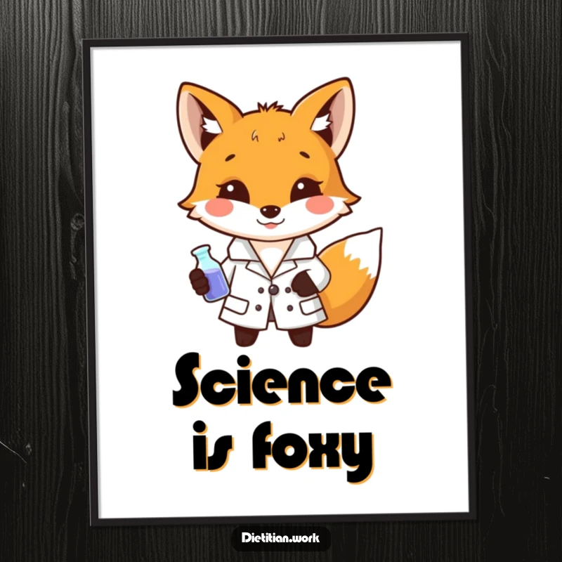 Funny Free Printable Wall Art: A smiling fox in a little lab coat enthusiastically holds a miniature beaker.