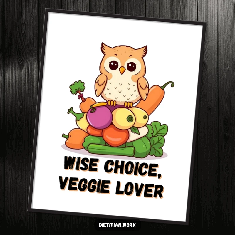 Funny Free Printable Wall Art: A focused owl is perched regally on a tall, colorful stack of assorted vegetables.