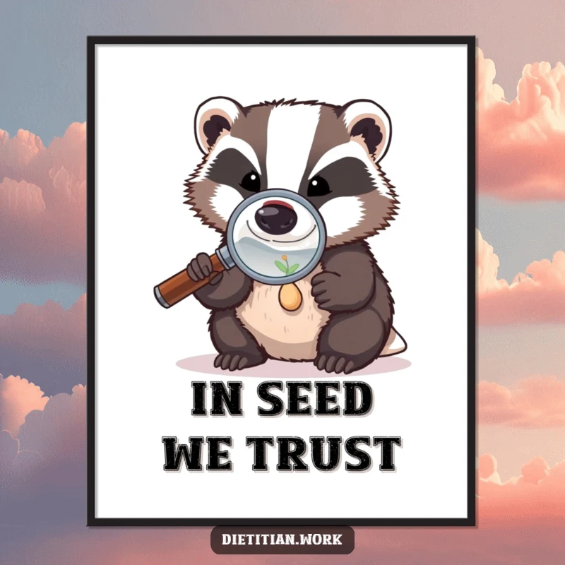 Funny Free Printable Wall Art: Focused badger with a magnifying glass meticulously inspects a tiny seed.