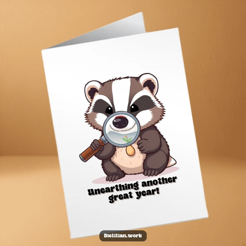 Funny Free Printable Birthday Card: Determined badger with magnifying glass intently studies a tiny seed.