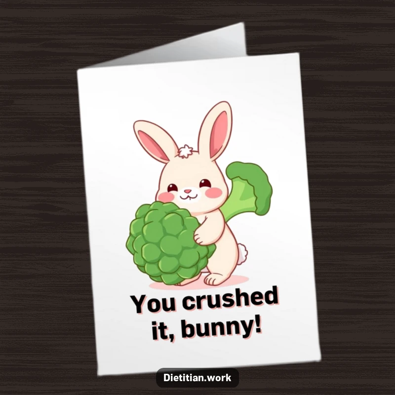 Funny Free Printable Congratulations Card: A rosy-cheeked rabbit happily balances a large piece of broccoli.
