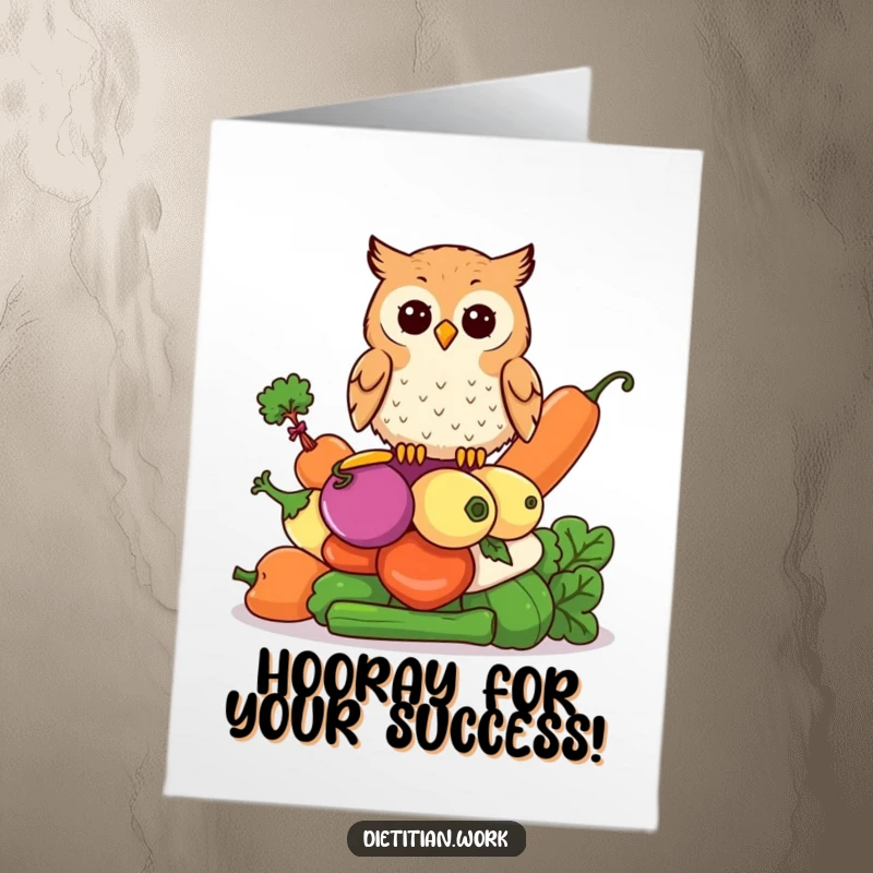 Funny Free Printable Congratulations Card: An owl with a focused gaze perches on a tall pile of colorful vegetables.