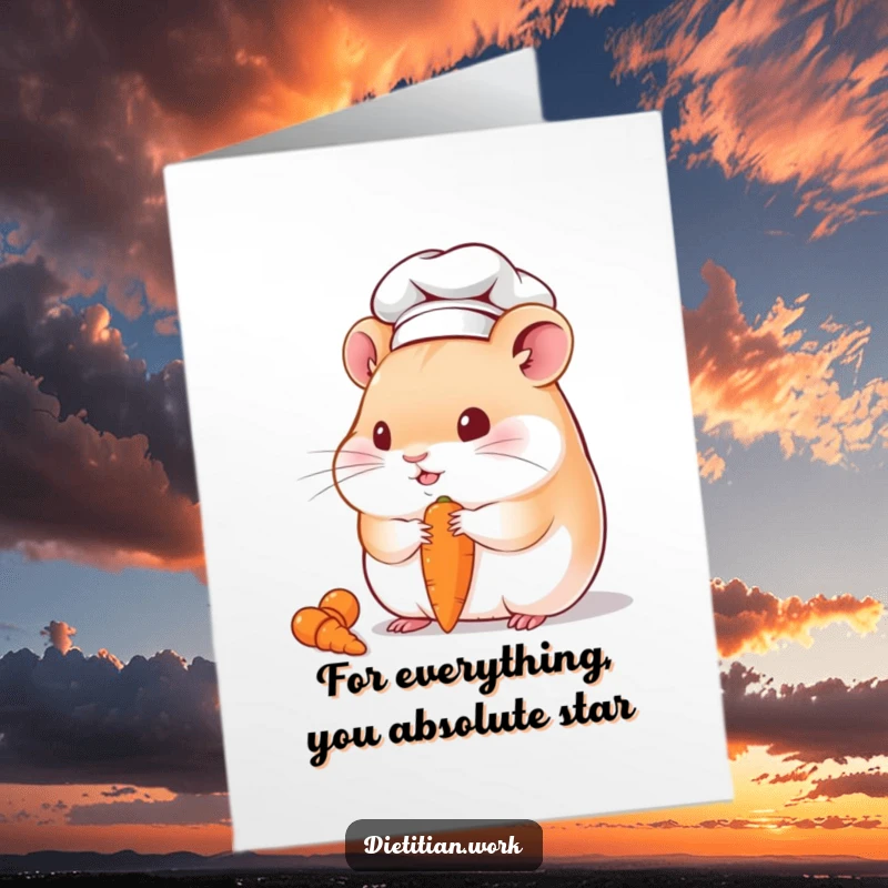 Funny Free Printable Thank You Card: Chubby hamster chef with tiny hat savoring a small carrot treat.