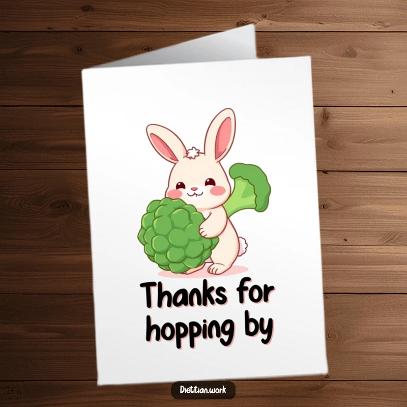 Funny Free Printable Thank You Card: Cheerful rabbit with rosy cheeks is balancing a very large broccoli floret.