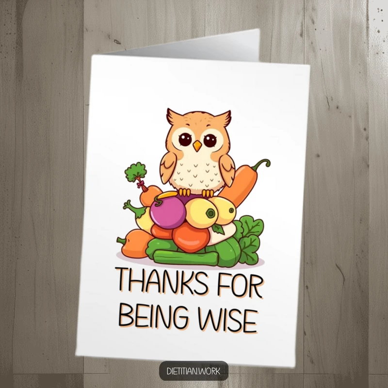 Funny Free Printable Thank You Card: Focused owl is perched on a vibrant stack of various colorful vegetables.