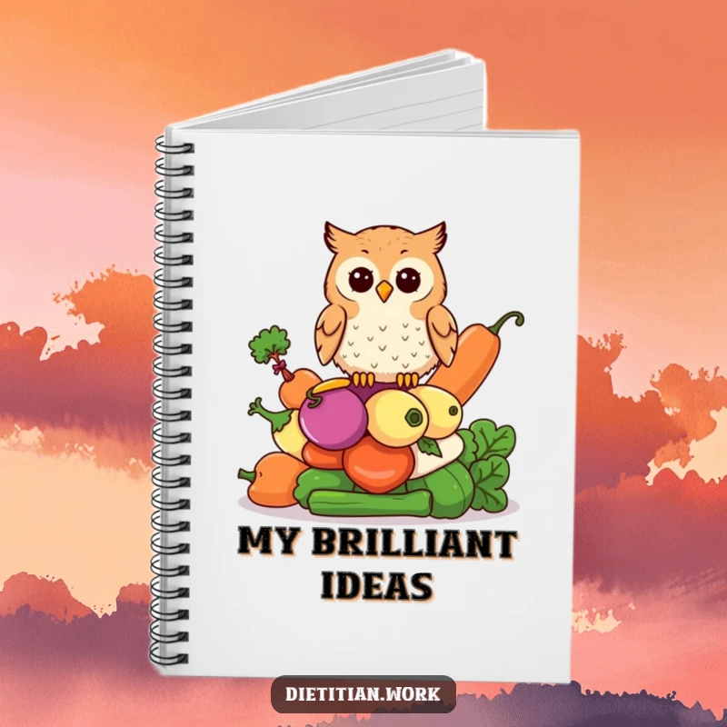 Funny owl wisdom notebook featuring an owl perched on colorful vegetables, ideal for jotting down wise thoughts and notes.