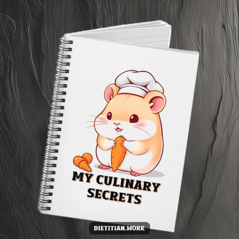 Funny hamster chef notebook with a chubby hamster chef wearing a hat, eating a tiny carrot, perfect for jotting down funny ideas.