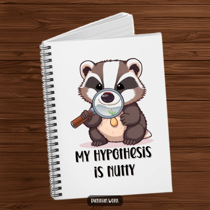 Funny badger investigator notebook featuring a badger with a magnifying glass, examining a tiny seed, ideal for jotting down detailed notes.