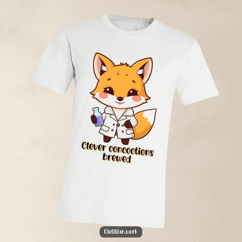 Funny fox lab coat t-shirt with a smiling fox holding a miniature beaker, perfect for aspiring scientists and humor enthusiasts.