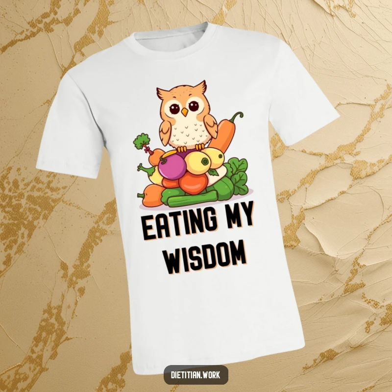 Funny owl vegetable stack t-shirt featuring an owl perched on colorful vegetables, perfect for those who appreciate wisdom and nature.