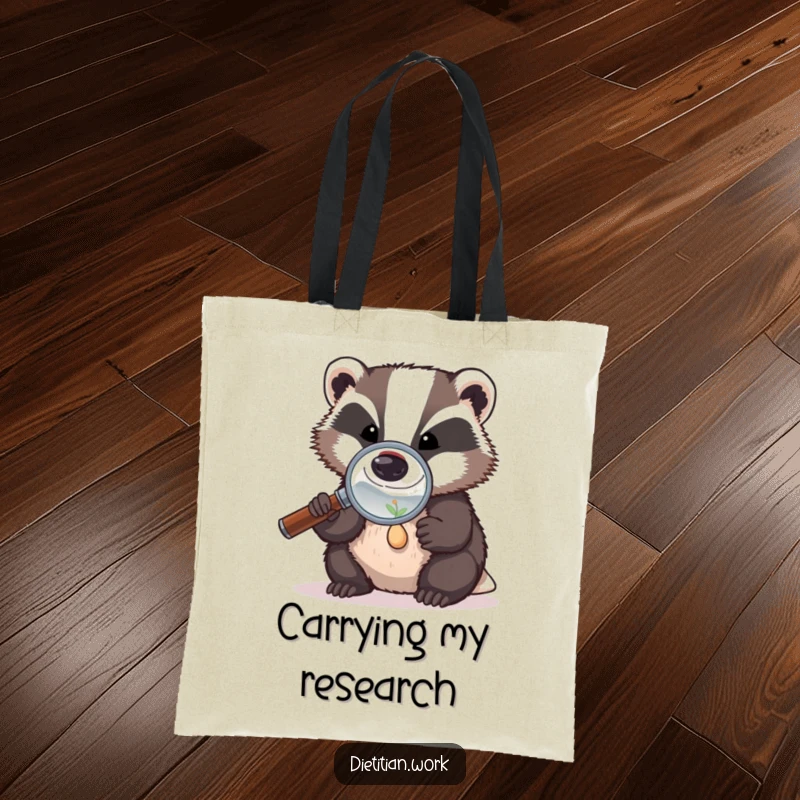 Funny badger seed examiner tote bag with a badger using a magnifying glass to inspect a tiny seed, a humorous and practical accessory.