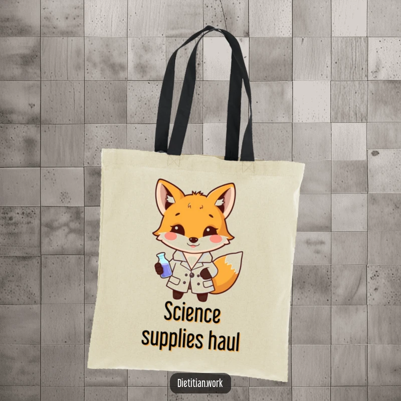 Funny fox scientist tote bag with a fox in a lab coat holding a miniature beaker, a humorous and practical accessory for intellectuals.