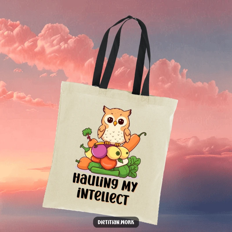 Funny owl vegetable tote bag with an owl perched on colorful vegetables, a humorous and practical accessory for the wise.