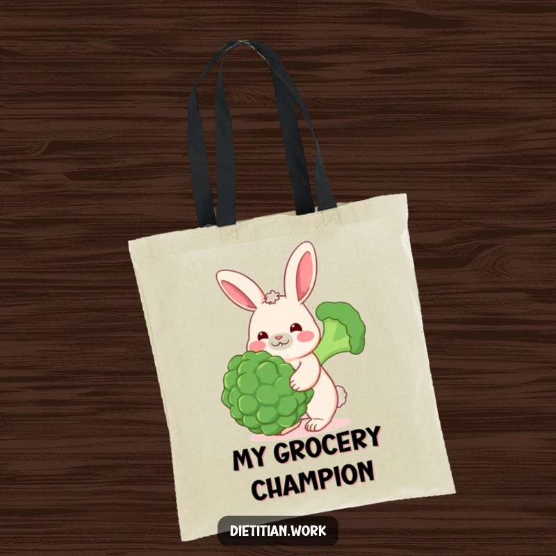 Funny rabbit veggie tote bag with a cheerful rabbit with rosy cheeks balancing a large broccoli floret, a humorous and practical accessory.
